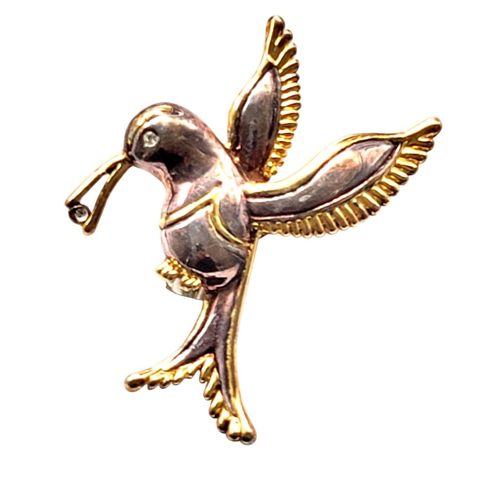 Signed MJ Hummingbird Pin Gold Silver Tone Rhinestone Vintage